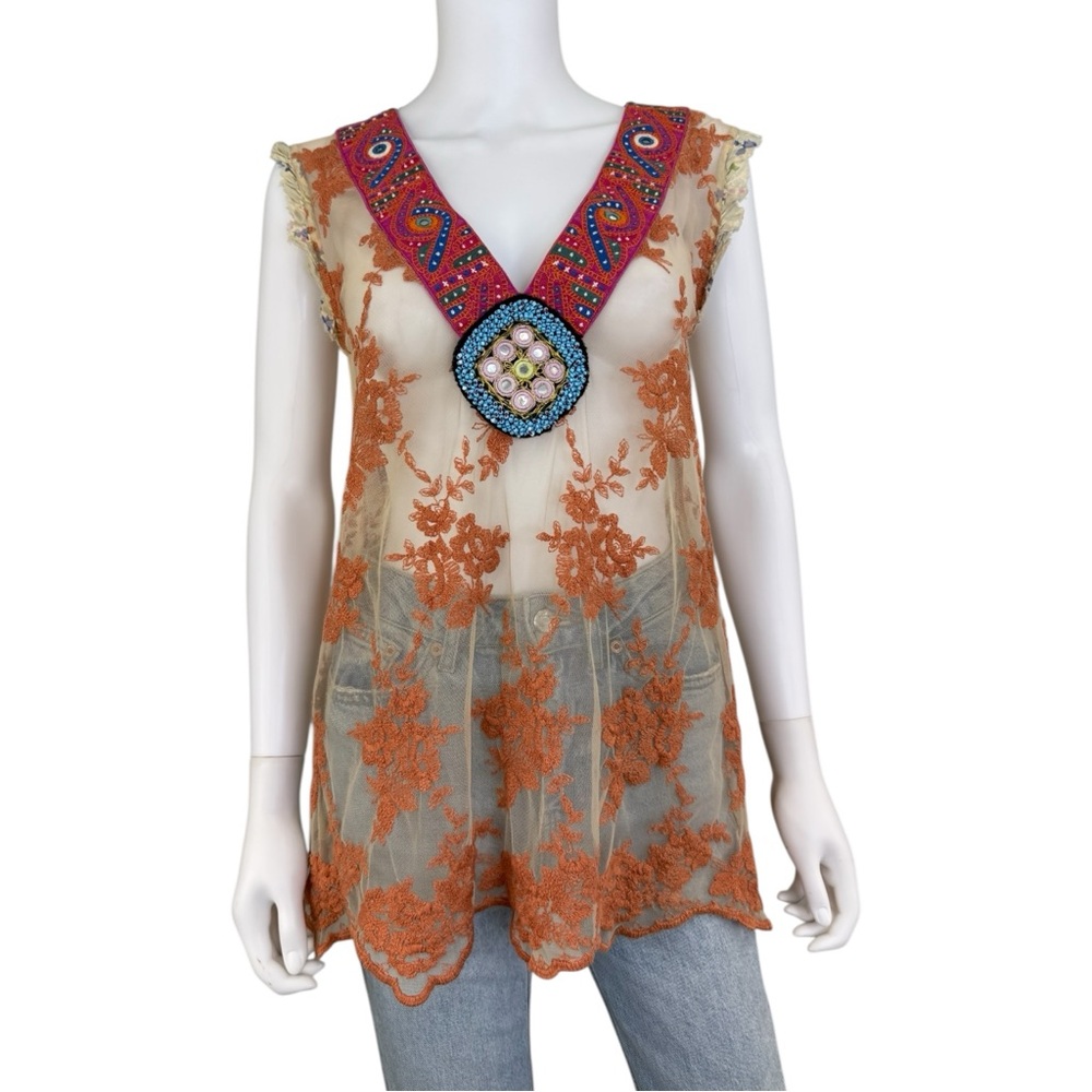 Free People Peach Floral Embroidered Top Size M A0028